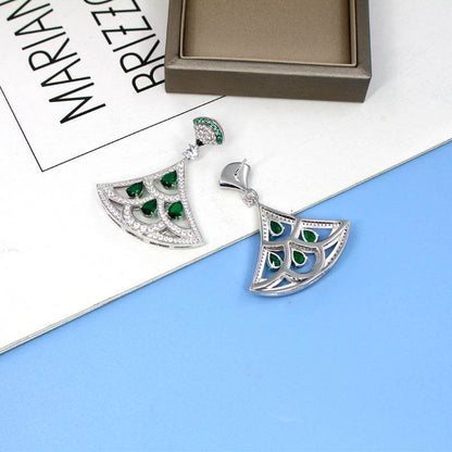 Green Zircon Fan-Shaped Earrings - Gold-Plated with Diamond Accents - Buy Center