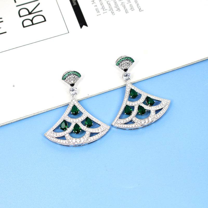 Green Zircon Fan-Shaped Earrings - Gold-Plated with Diamond Accents - Buy Center