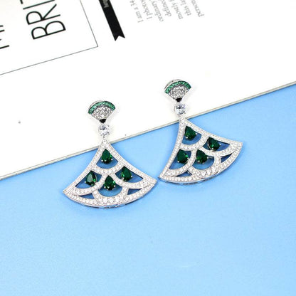 Green Zircon Fan-Shaped Earrings - Gold-Plated with Diamond Accents - Buy Center
