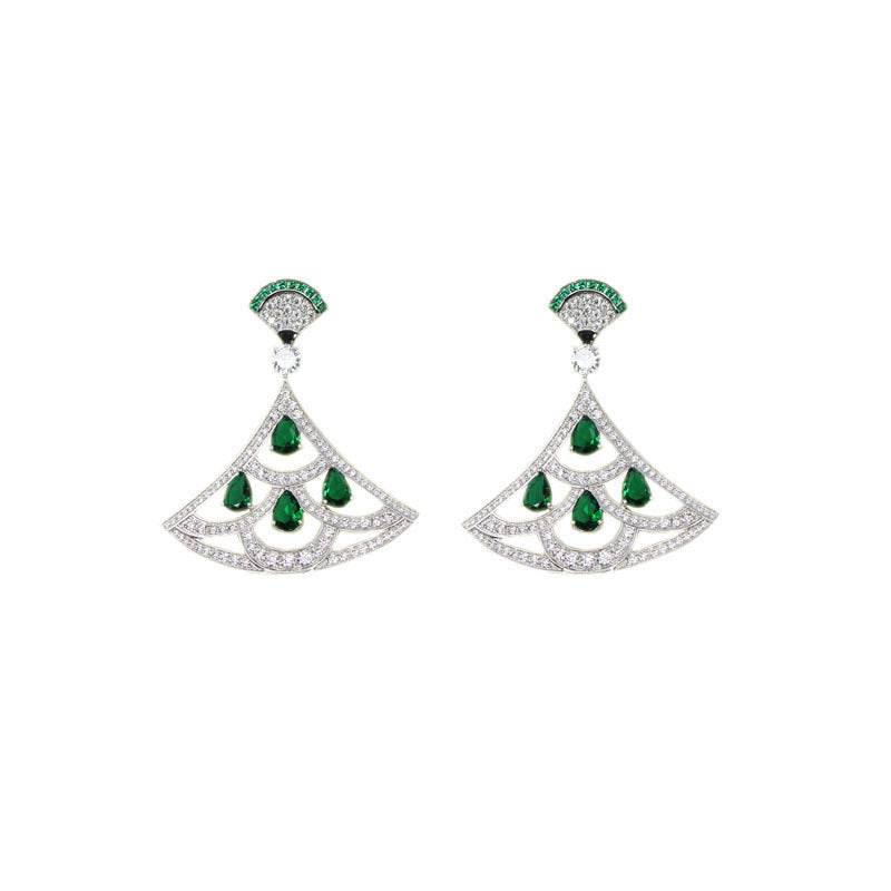 Green Zircon Fan-Shaped Earrings - Gold-Plated with Diamond Accents - Buy Center