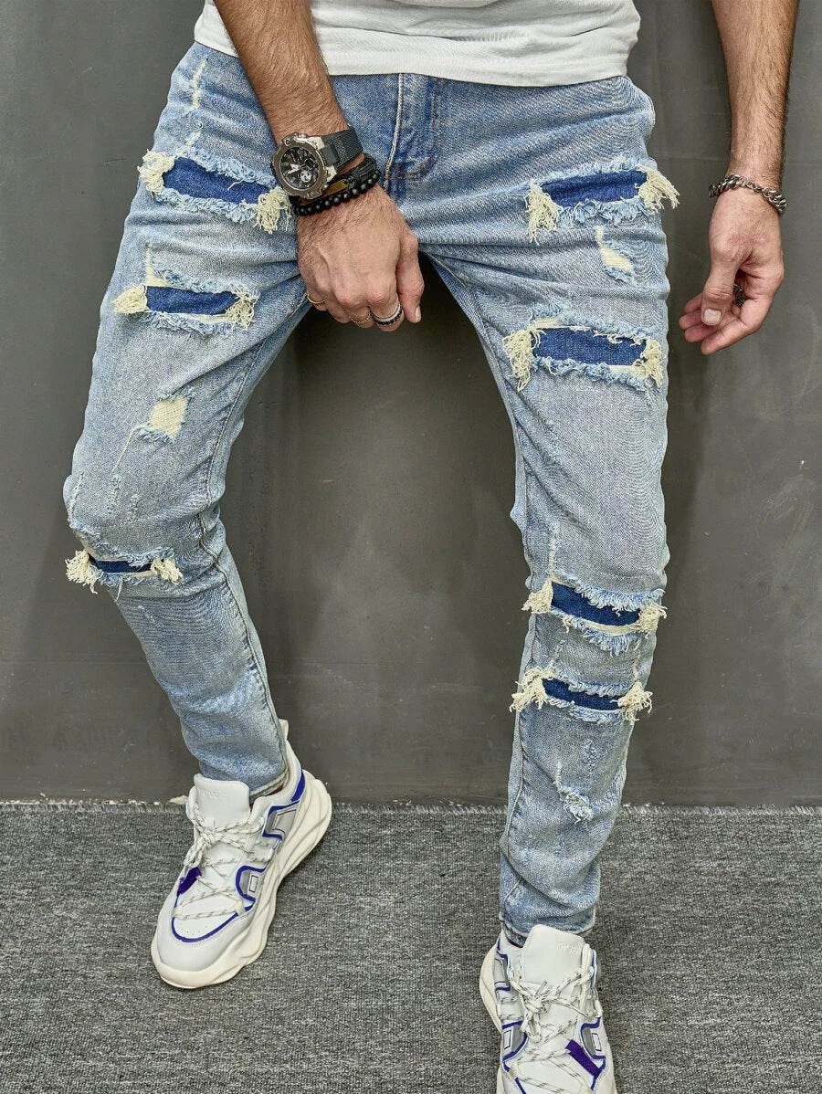 Men's Skinny Stretch Jeans - High Quality Mid Waist Trousers, Blue - Buy Center