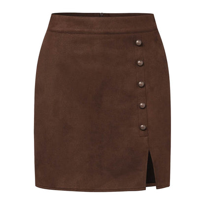 Buycenter Women's Suede High Waist Skirt - A-Line with Metal Buckle - Buy Center