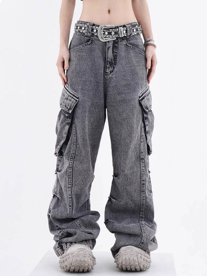 Men's Wide Leg Straight Jeans - Retro Mid Waist in Gray Cotton - Buy Center
