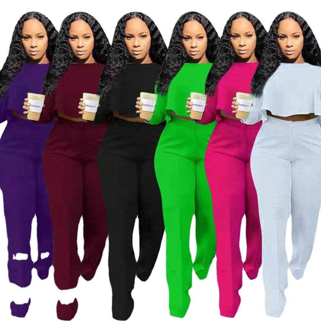 Buycenter Solid Color Two-Piece Set - High Waist Wide Leg Jumpsuit - Buy Center