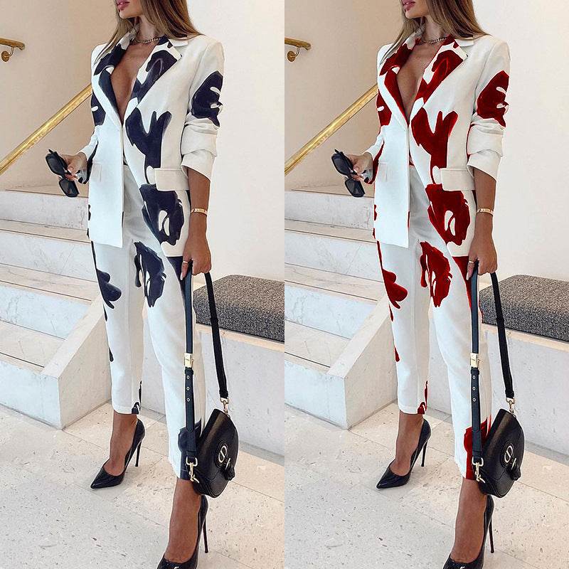 Buycenter Elegant Vintage Printed Business Suit - Casual Two-Piece Set - Buy Center