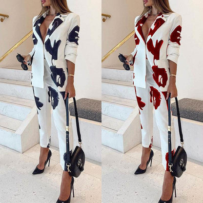 Buycenter Elegant Vintage Printed Business Suit - Casual Two-Piece Set - Buy Center