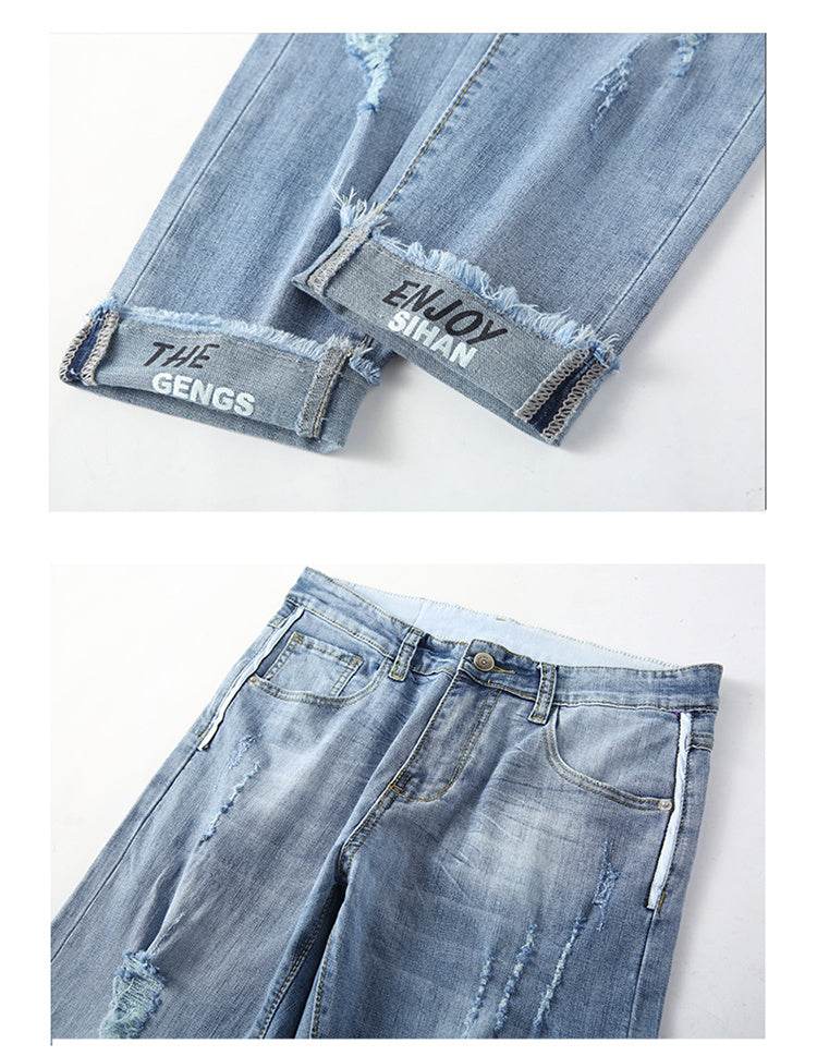 Men's Slim Ripped Jeans - Casual Breathable Denim Pants in Blue - Buy Center