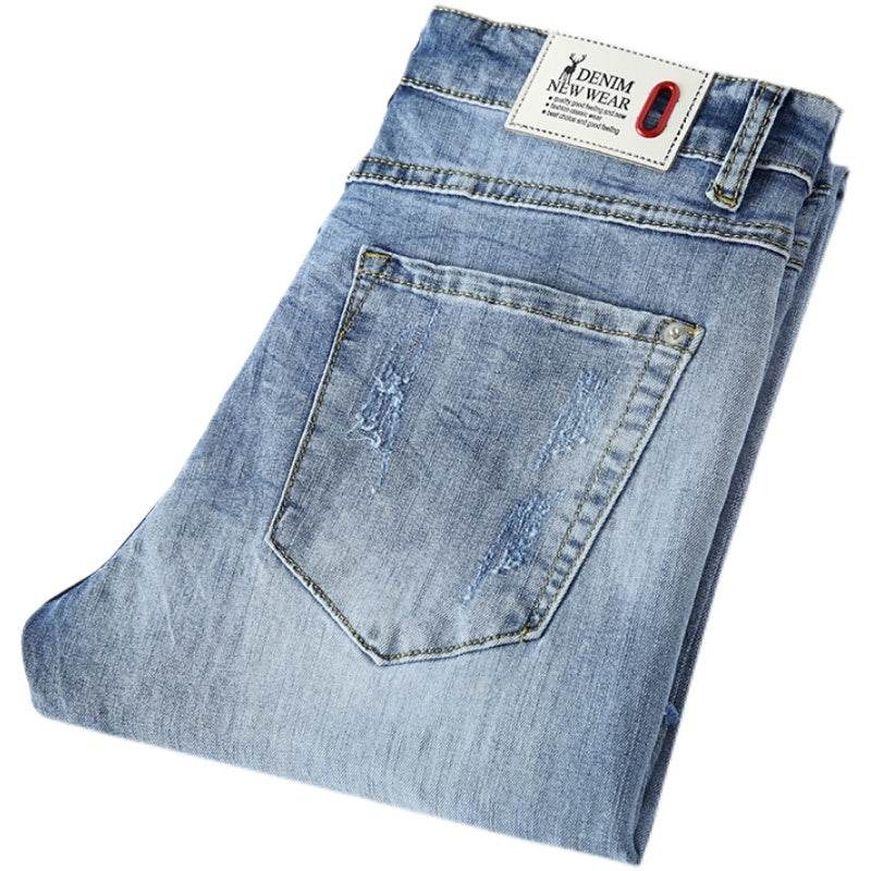 Men's Slim Ripped Jeans - Casual Breathable Denim Pants in Blue - Buy Center