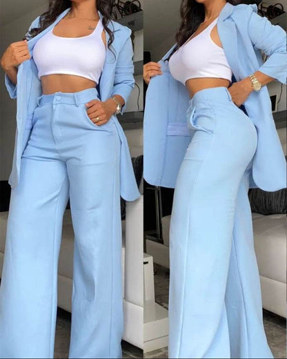 Buycenter Plain Color Sleeve Jumpsuit Set - Elegant Lapel Pocket Pants - Buy Center