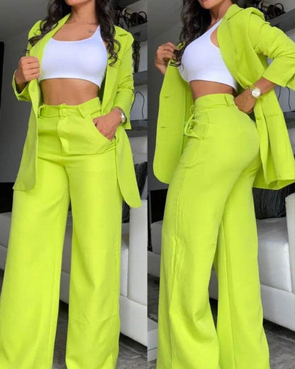 Buycenter Plain Color Sleeve Jumpsuit Set - Elegant Lapel Pocket Pants - Buy Center