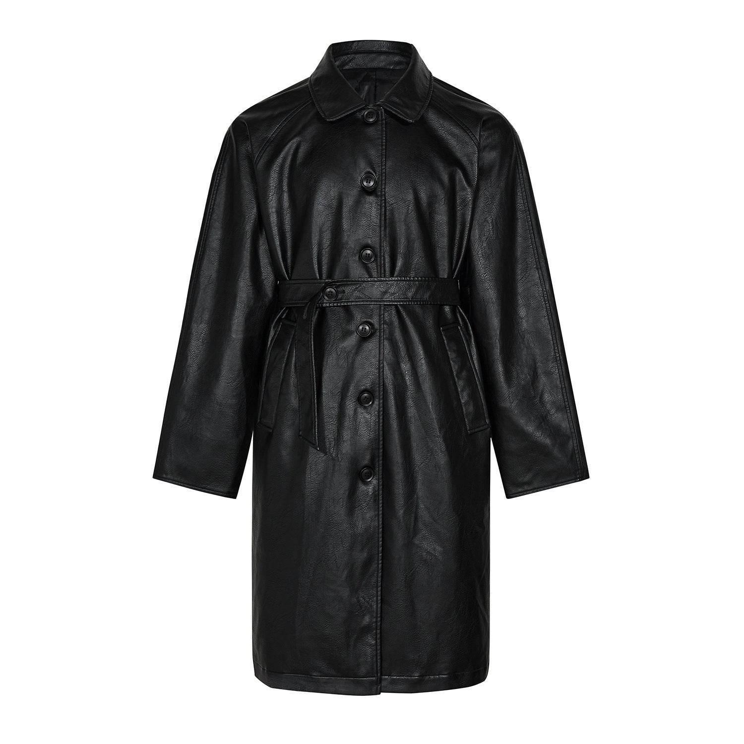 Stylish PU Leather Mid-Length Trench Coat for Men & Women - Black & Brown - Buy Center