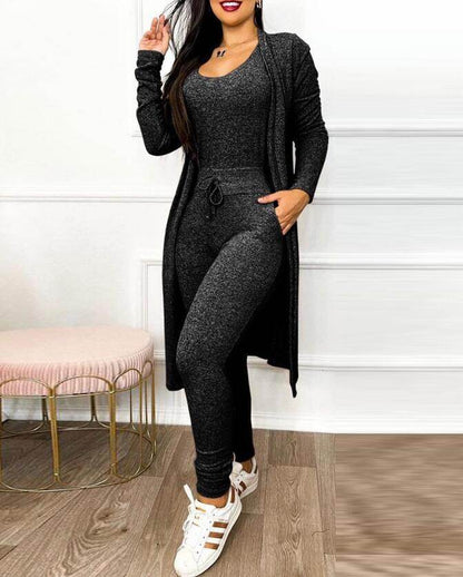Buycenter Women's Casual Jumpsuit & Cardigan Set - High Waist & Pockets - Buy Center