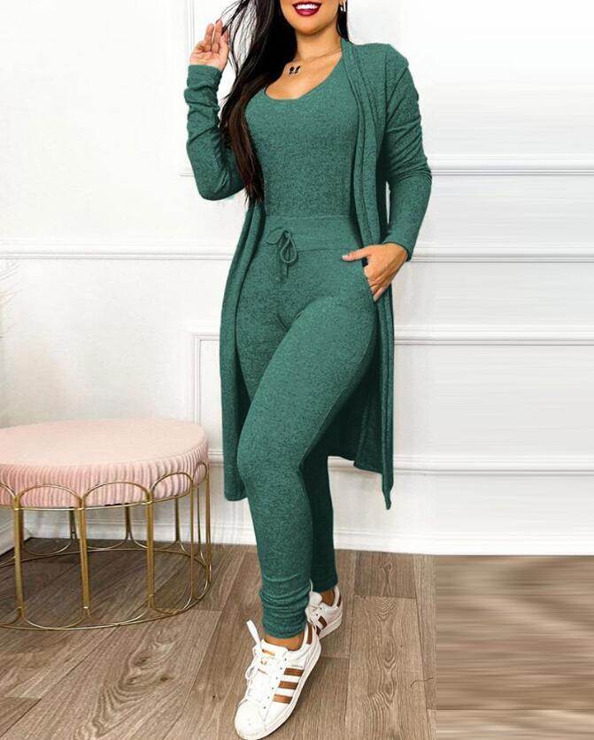 Buycenter Women's Casual Jumpsuit & Cardigan Set - High Waist & Pockets - Buy Center