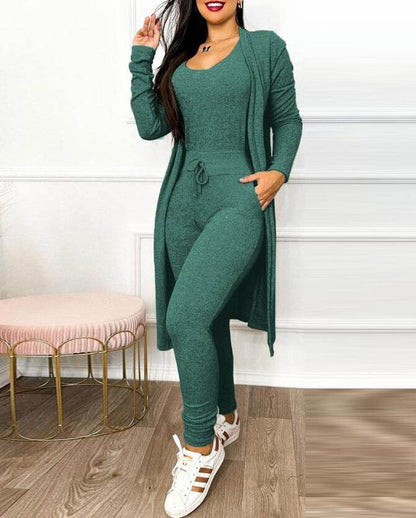 Buycenter Women's Casual Jumpsuit & Cardigan Set - High Waist & Pockets - Buy Center