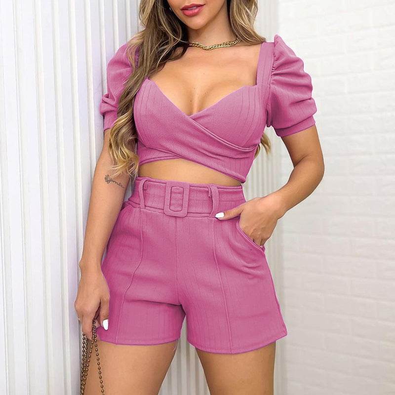 Buycenter Spring Puff Sleeve Short Shirt Jumpsuit - Casual Women's Set - Buy Center
