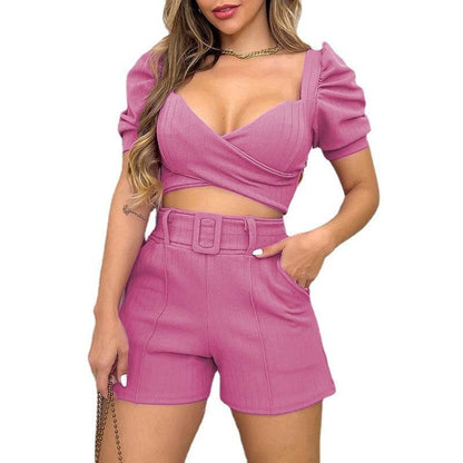 Buycenter Spring Puff Sleeve Short Shirt Jumpsuit - Casual Women's Set - Buy Center