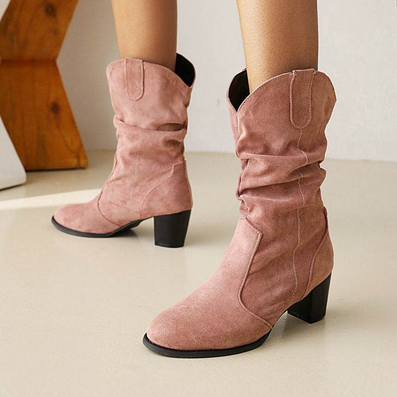 Buycenter Chunky Heel High Boots - Stylish Suede Mid-Calf for Women - Buy Center