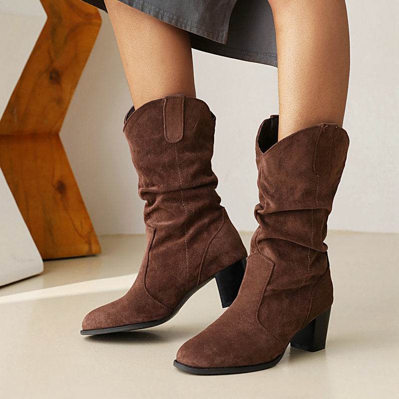Buycenter Chunky Heel High Boots - Stylish Suede Mid-Calf for Women - Buy Center