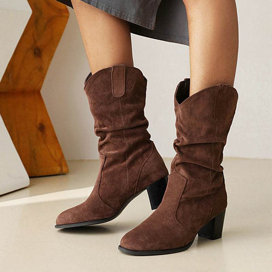 Buycenter Chunky Heel High Boots - Stylish Suede Mid-Calf for Women - Buy Center