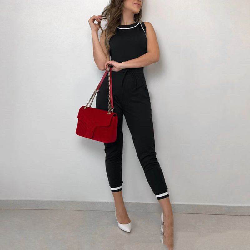 Buycenter Contrast Color Jumpsuit - Round Neck Sleeveless Vest Style - Buy Center