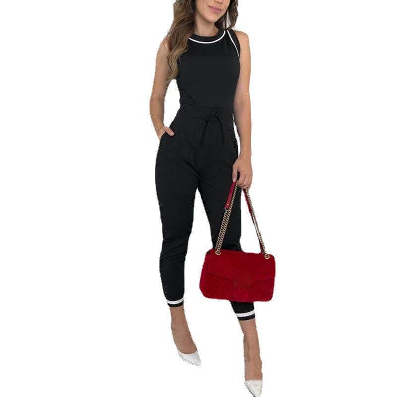 Buycenter Contrast Color Jumpsuit - Round Neck Sleeveless Vest Style - Buy Center