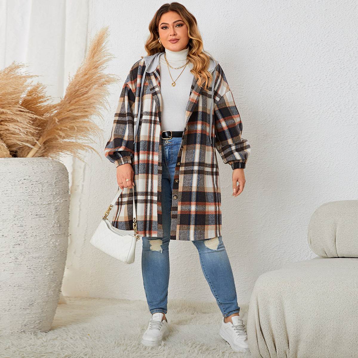 Buycenter Plus-Size Women's Plaid Hooded Trench Coat - Autumn Winter Style - Buy Center