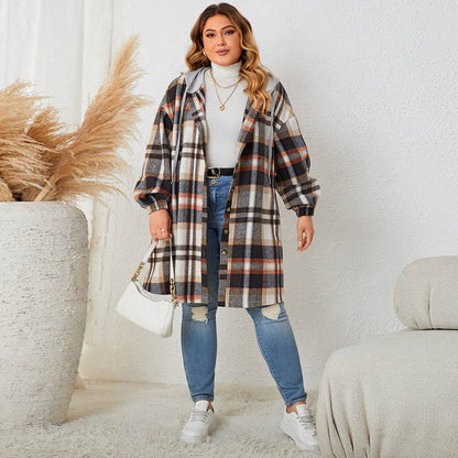 Buycenter Plus-Size Women's Plaid Hooded Trench Coat - Autumn Winter Style - Buy Center