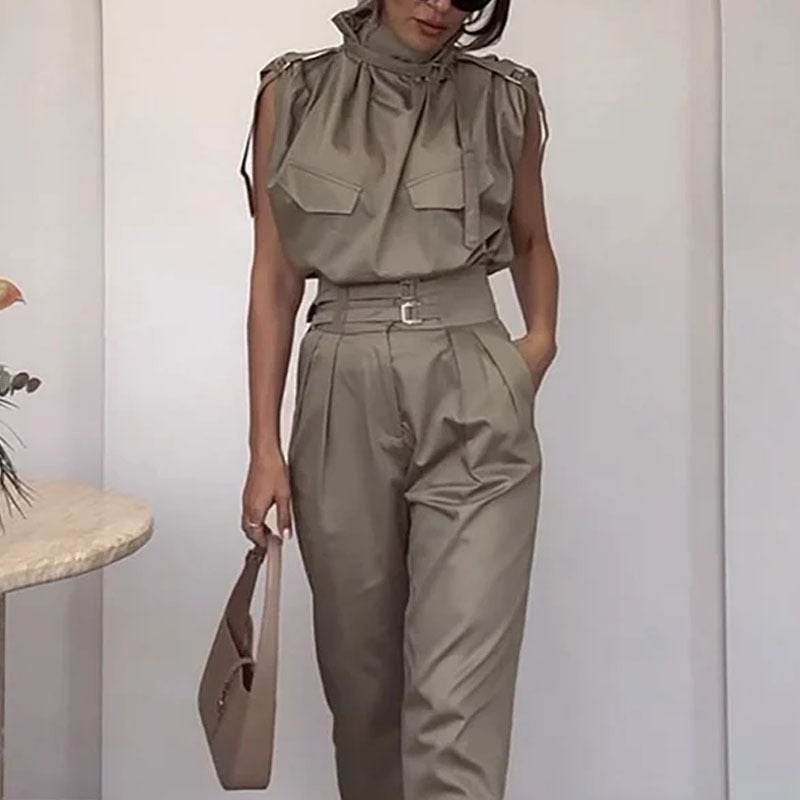 Elegant Shoulder Slimming Jumpsuit Set - Stylish Blouse & Pants Combo - Buy Center