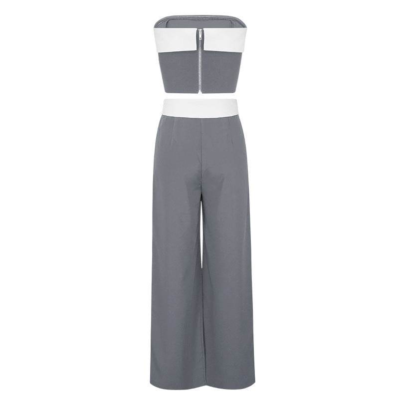 Contrast Color Two-Piece Jumpsuit - Trendy Gray & Black Wide-Leg Style - Buy Center