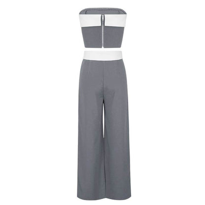 Contrast Color Two-Piece Jumpsuit - Trendy Gray & Black Wide-Leg Style - Buy Center