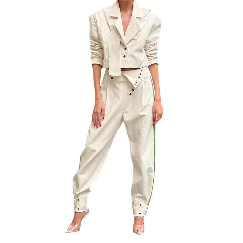 Elegant Solid Color Trousers Suit - Stylish Lapel Jumpsuit Set 2025 - Buy Center