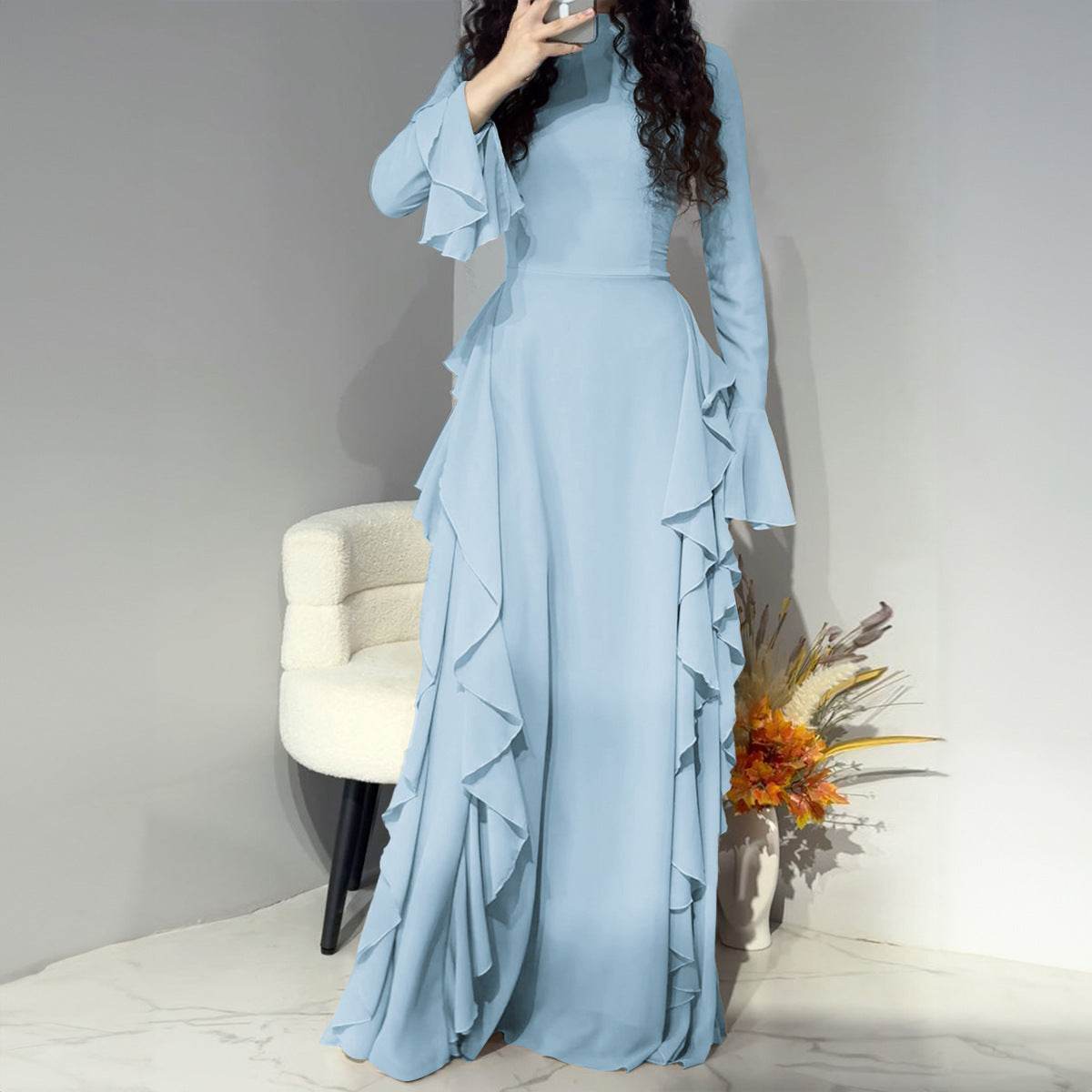 Buycenter High Waist Bell Sleeve Dress - Elegant Ruffle Design in Multiple Colors - Buy Center
