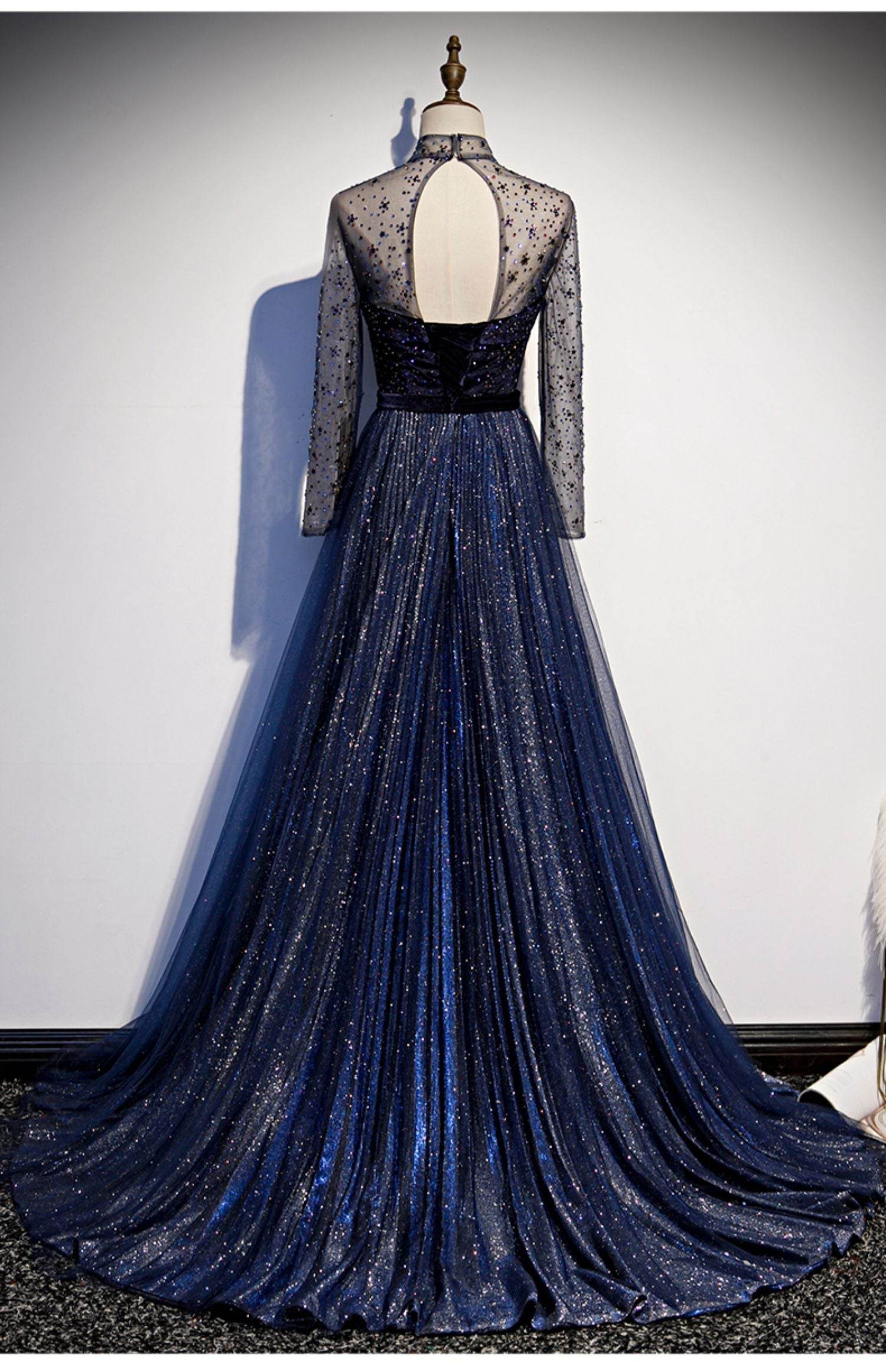 High-End Celebrity Long Tail Dress - Navy Blue Sequin Evening Gown - Buy Center