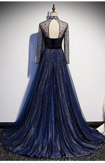 High-End Celebrity Long Tail Dress - Navy Blue Sequin Evening Gown - Buy Center