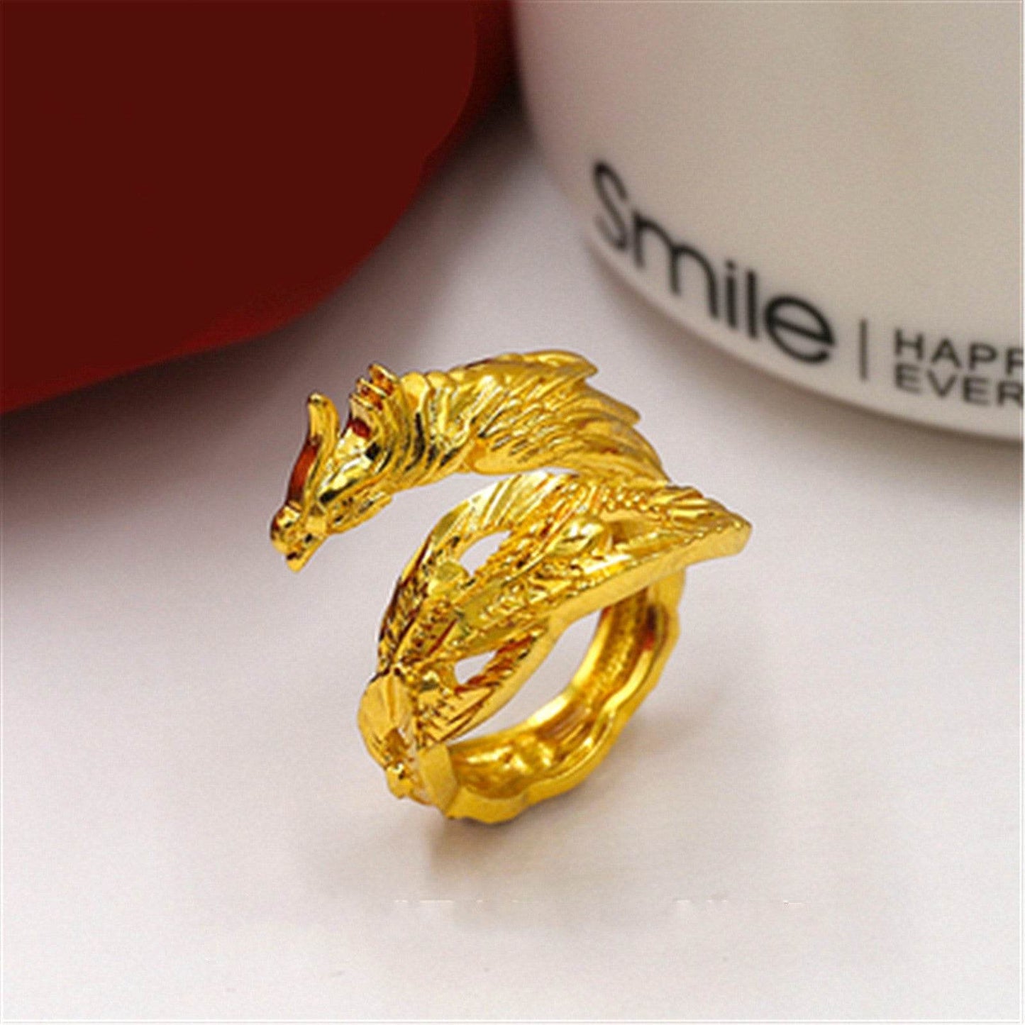Dragon and Phoenix Lovers Ring - Adjustable Gold Plated Copper Jewelry - Buy Center