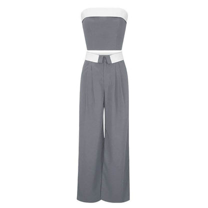 Contrast Color Two-Piece Jumpsuit - Trendy Gray & Black Wide-Leg Style - Buy Center