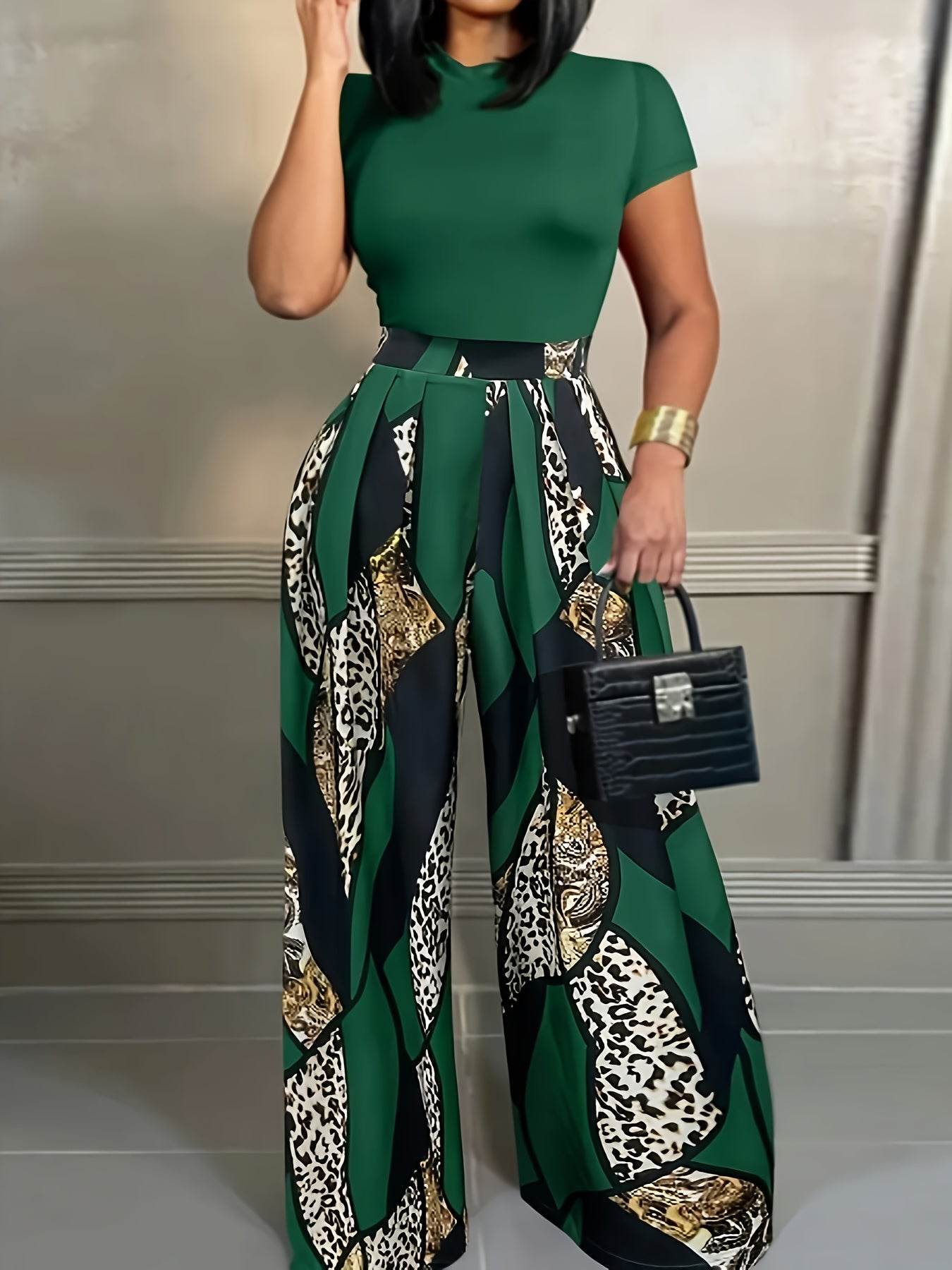 Elegant Two-Piece Set: Fitted T-Shirt & Loose Trousers for Summer - Buy Center