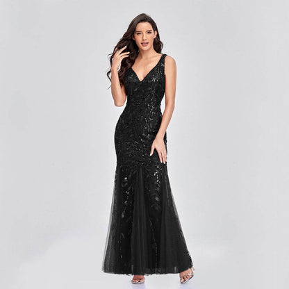 Buycenter Sleeveless V-Neck Mermaid Dress - Embroidered Sequin Elegance - Buy Center