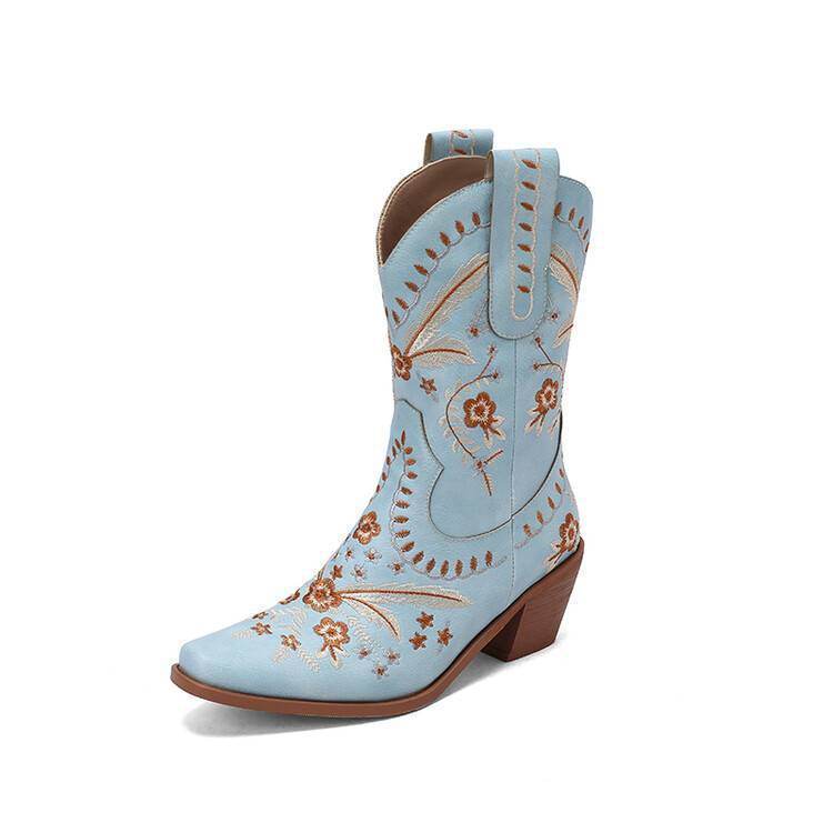 Buycenter Chunky Heel Cowboy Boots - Embroidered Knee-high Woman's Footwear - Buy Center
