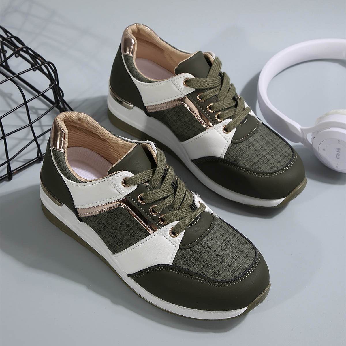 Colorblock Lace-Up Sneakers for Women - Stylish Thick-Soled Sports Flats - Buy Center