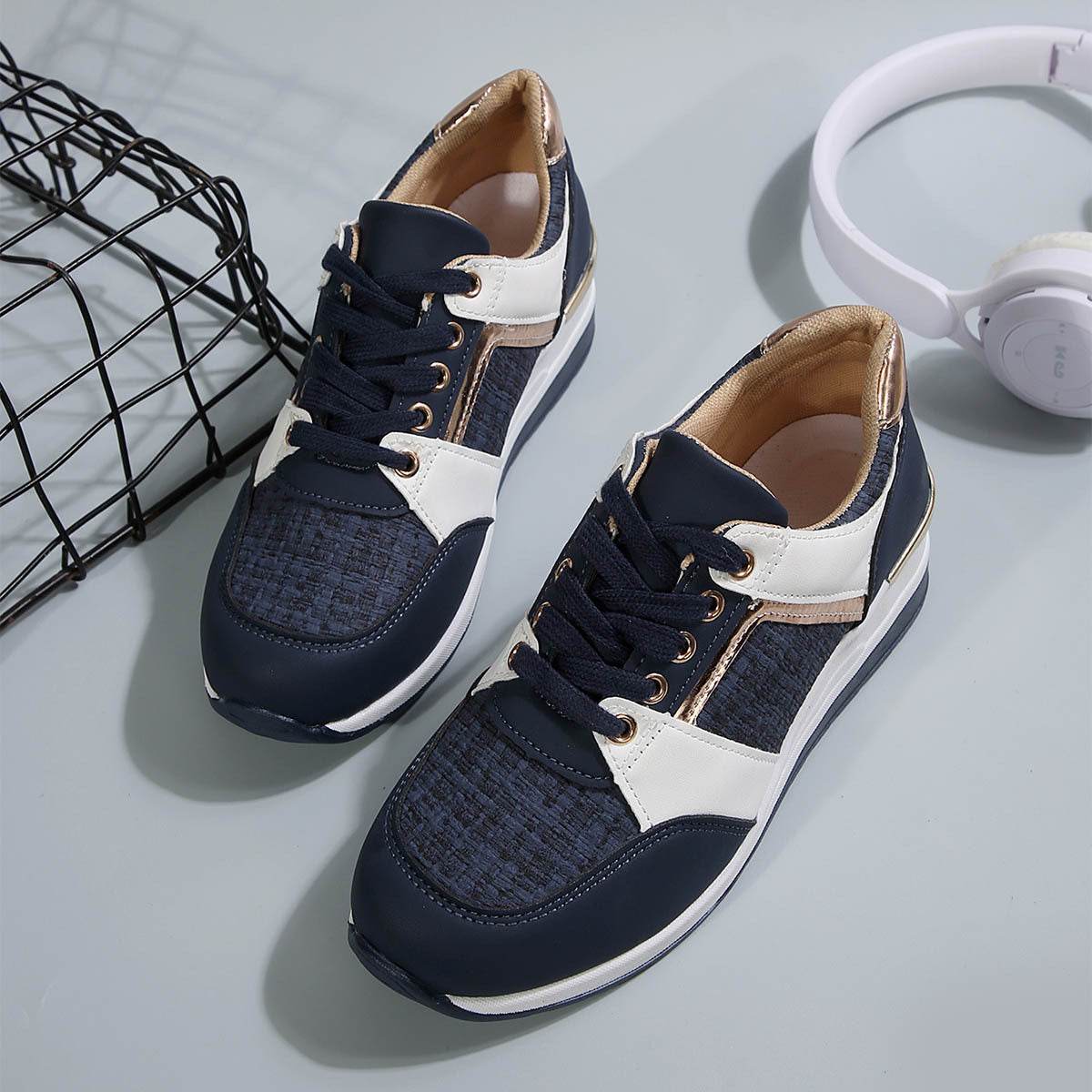 Colorblock Lace-Up Sneakers for Women - Stylish Thick-Soled Sports Flats - Buy Center