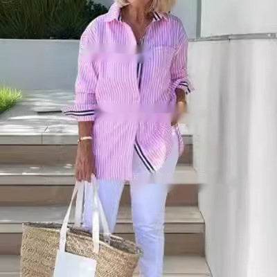 Buycenter Long Sleeve Striped Cardigan - Women's Commuter Blouse - Buy Center