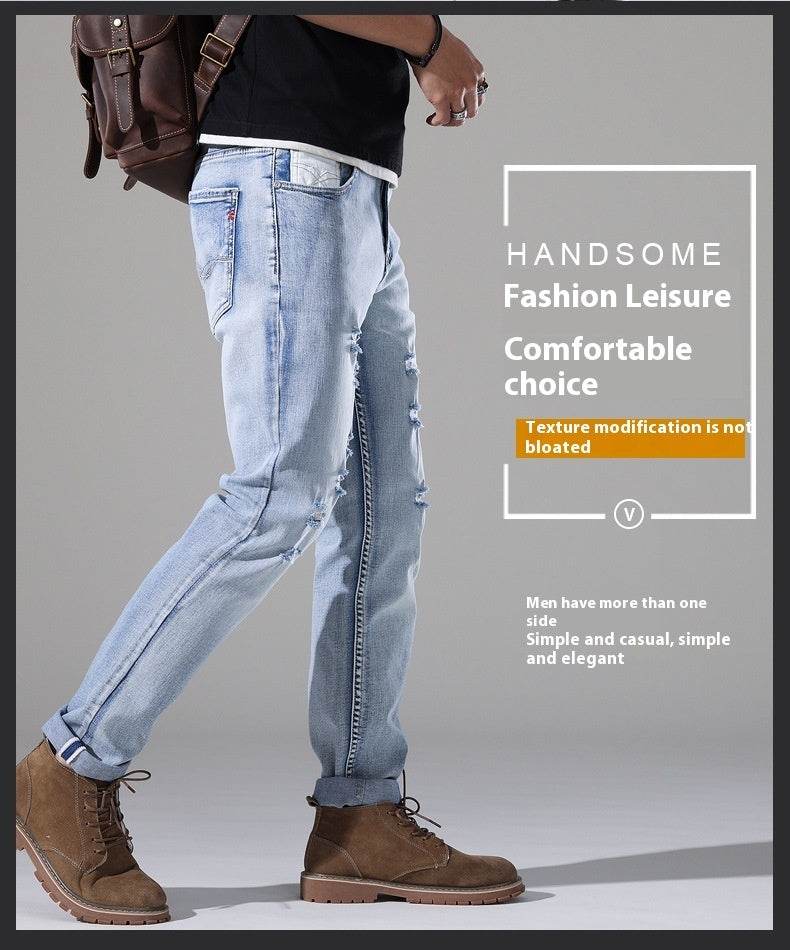 Men's Slim-Fit Ripped White Jeans - Casual Mid Waist Summer Pants - Buy Center