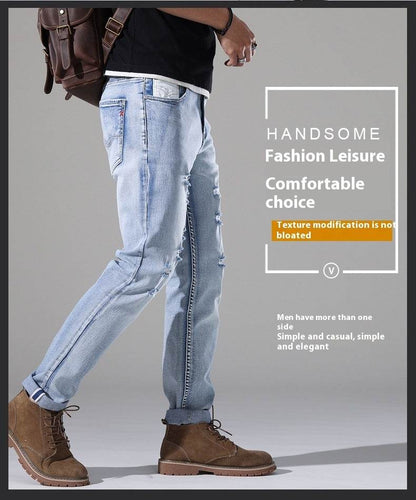 Men's Slim-Fit Ripped White Jeans - Casual Mid Waist Summer Pants - Buy Center