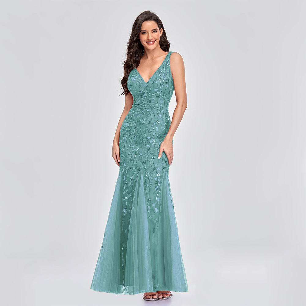 Buycenter Sleeveless V-Neck Mermaid Dress - Embroidered Sequin Elegance - Buy Center