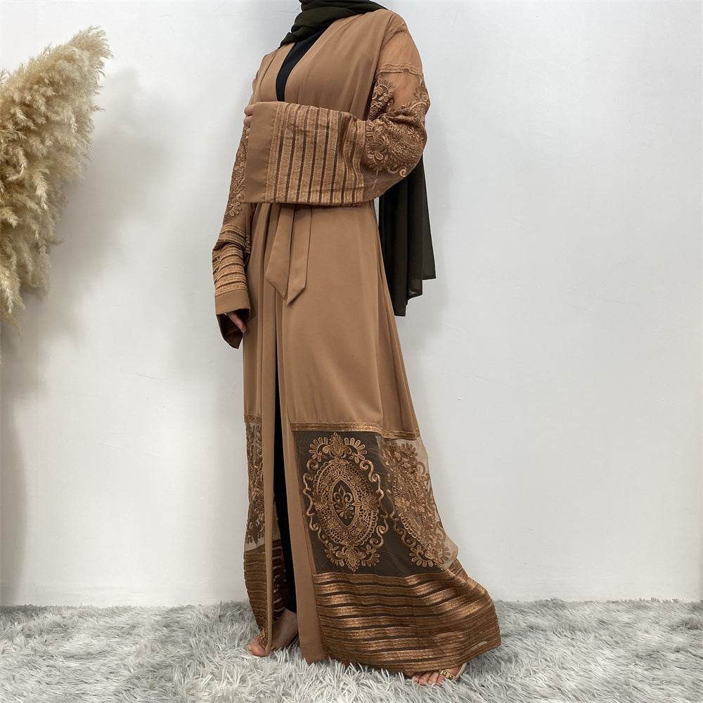 Buycenter Embroidered Mesh Robe Dress - Elegant Women's Long Trench Coat - Buy Center