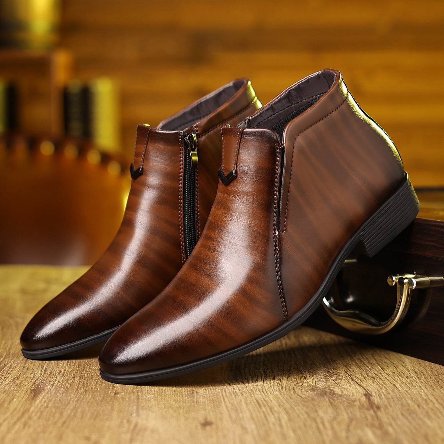 Men's Pointed White Striped Leather Ankle Boots - Side Zipper & Stylish Comfort - Buy Center
