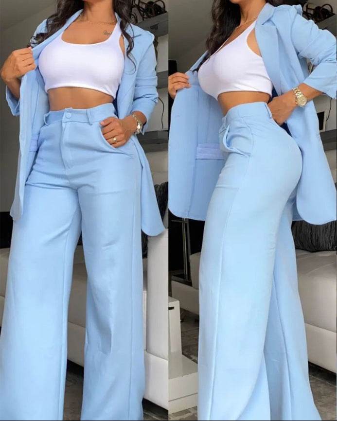 Buycenter Plain Color Sleeve Jumpsuit Set - Elegant Lapel Pocket Pants - Buy Center