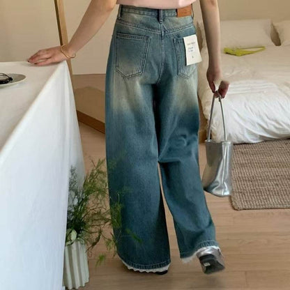 Buycenter Casual High Waist Straight Jeans - Vintage Blue Wide Leg Style - Buy Center