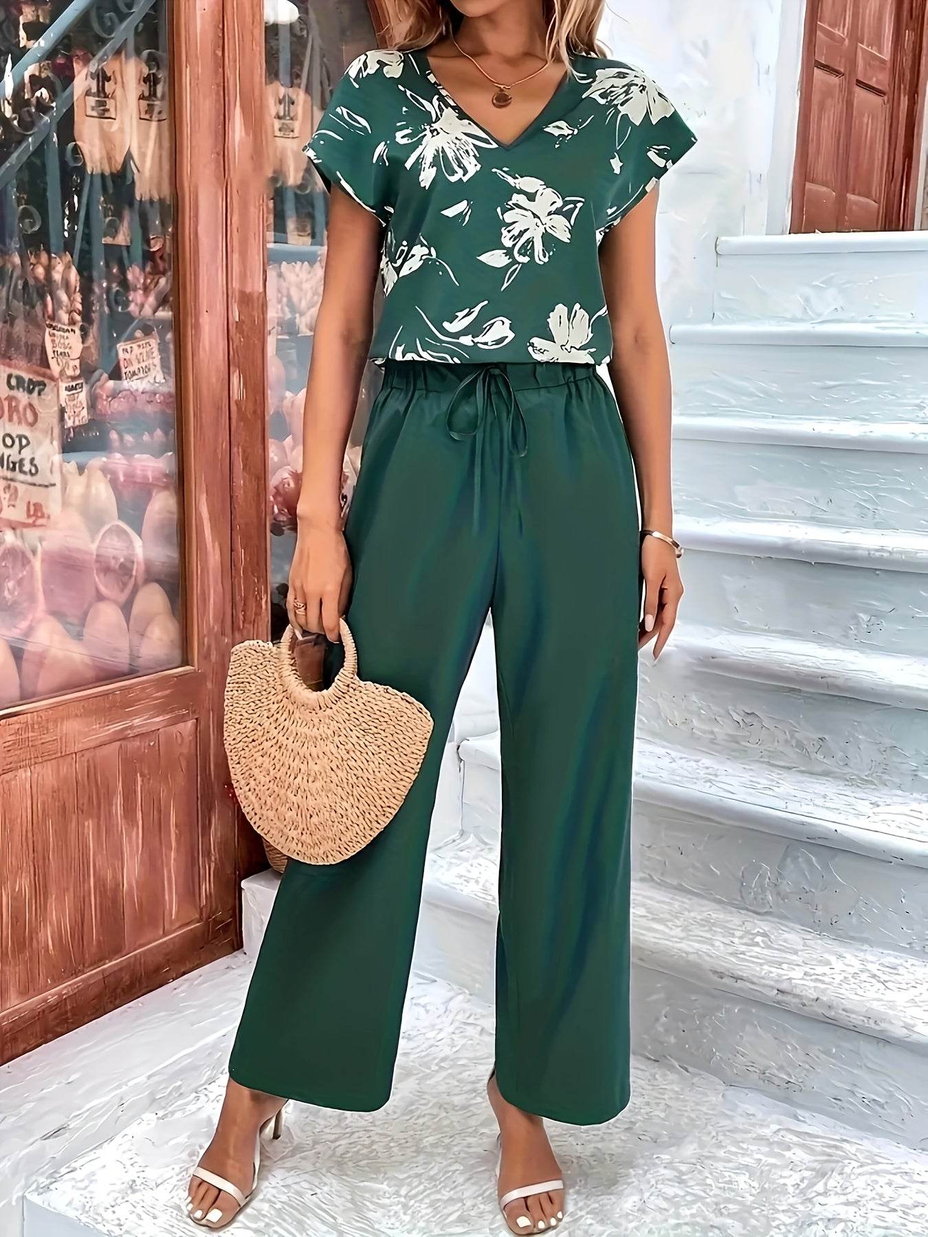 Women's Elegant Two-Piece Set - Floral V-Neck Top & Solid Pants - Buy Center